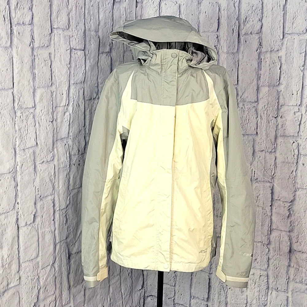 EDDIE BAUER Gray and Cream Hooded Women's Rain Jacket Medium